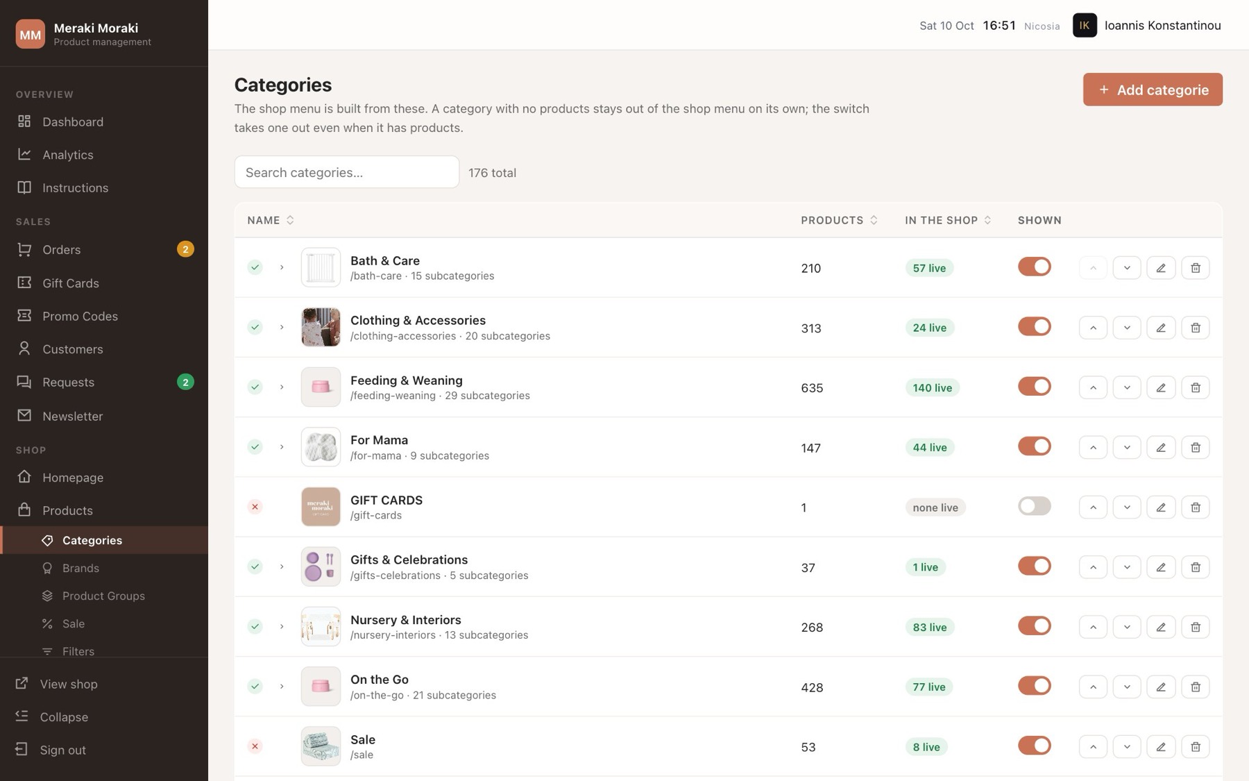 Categories: what shows in the shop menu, with live product counts