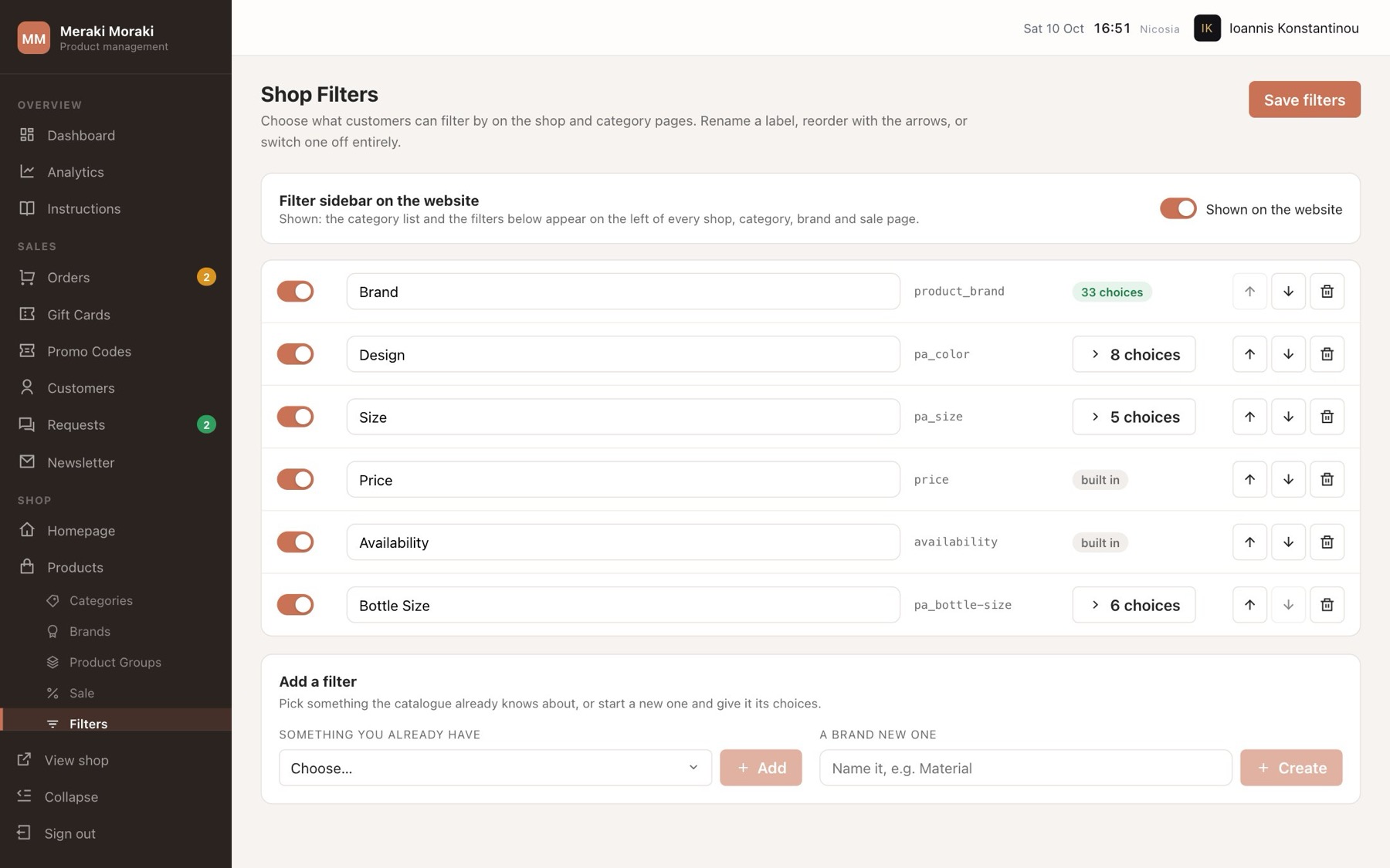 Shop filters edited in the CRM and shown on the website