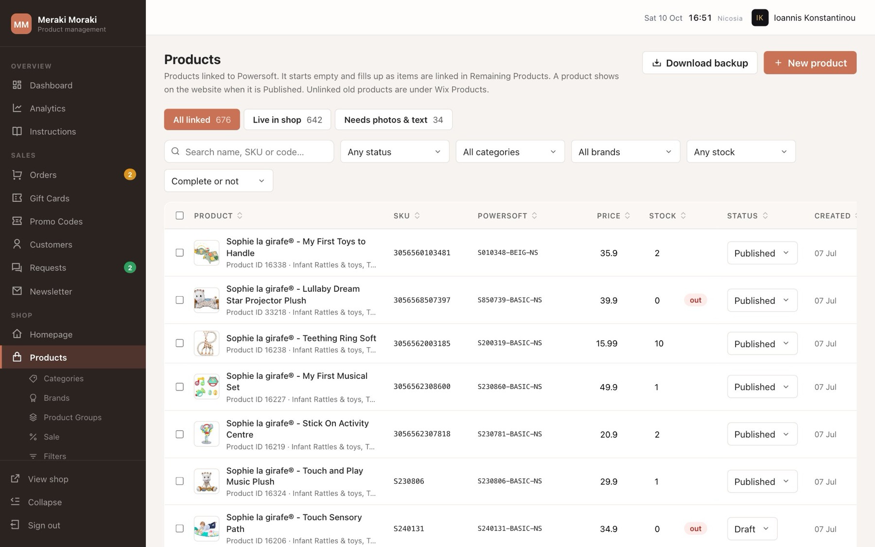 CRM product list with Powersoft codes, price, stock and status