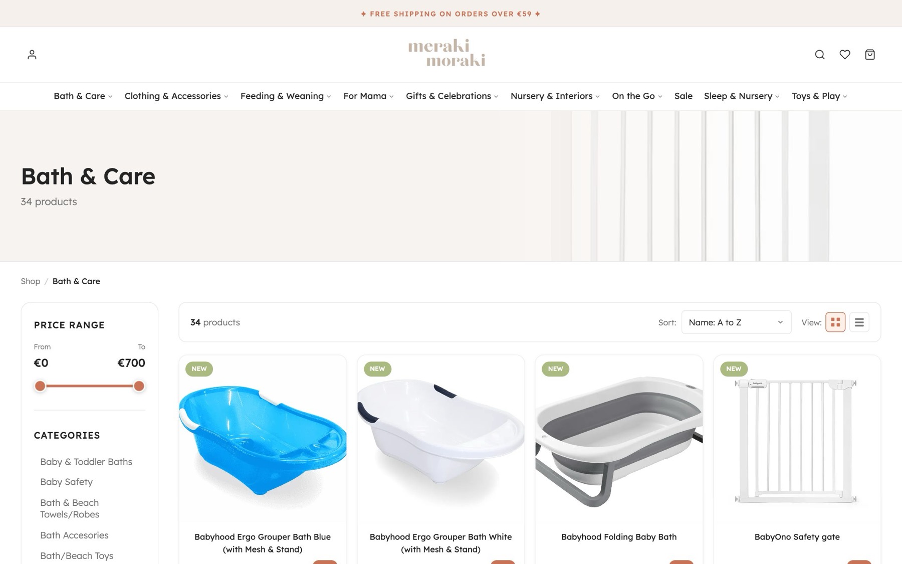 Category page with filters, sorting and grid or list view