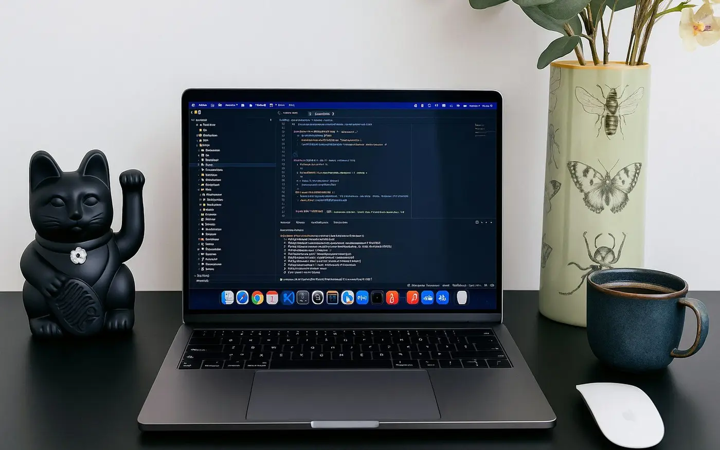 Laptop showing website code next to a plant and coffee